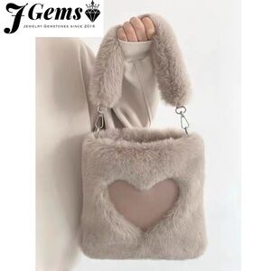 Furry Faux Rabbit Heart Cut-Out Shoulder Bag (Khaki | Pink | White)